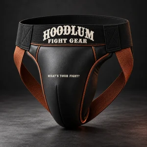 Training Groin Guard — Black / Copper — Three-quarter view (AI demo concept)