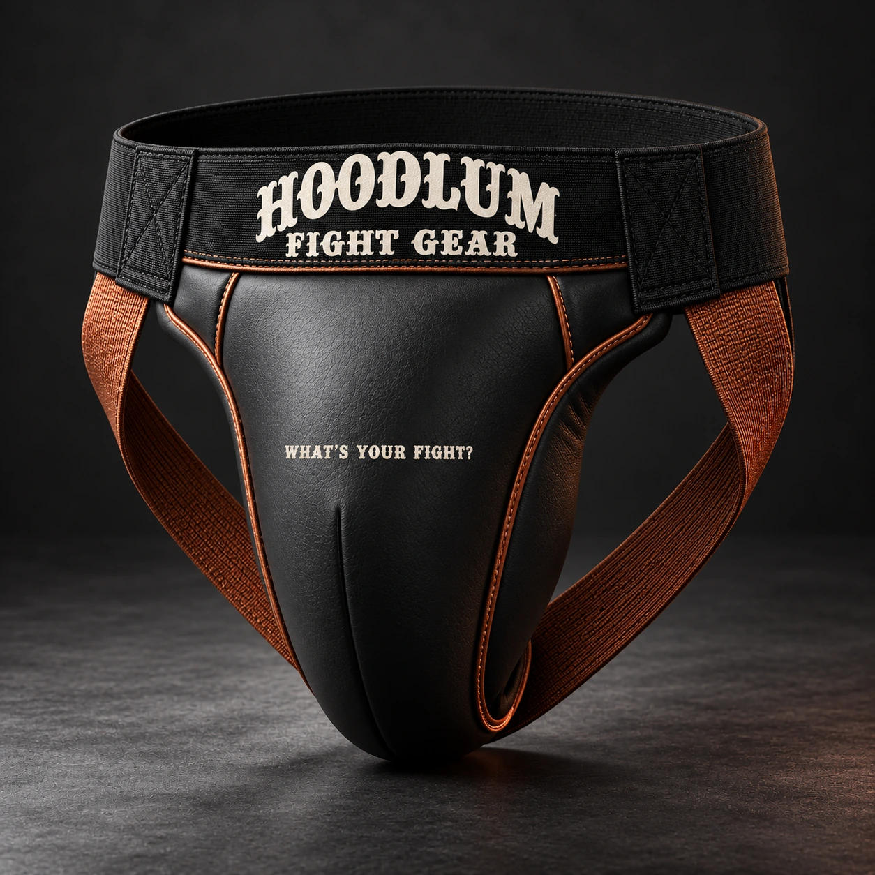 Training Groin Guard — Black / Copper — Three-quarter view (AI demo concept)
