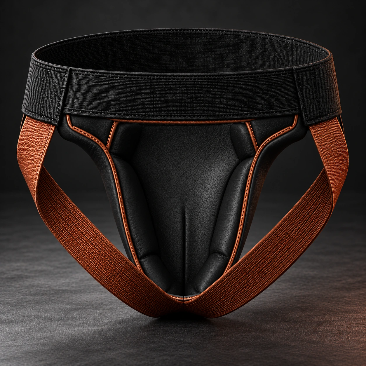 Training Groin Guard — Black / Copper — Rear view (AI demo concept)