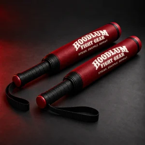 Training Sticks — Crimson / Onyx — Three-quarter view (AI demo concept)