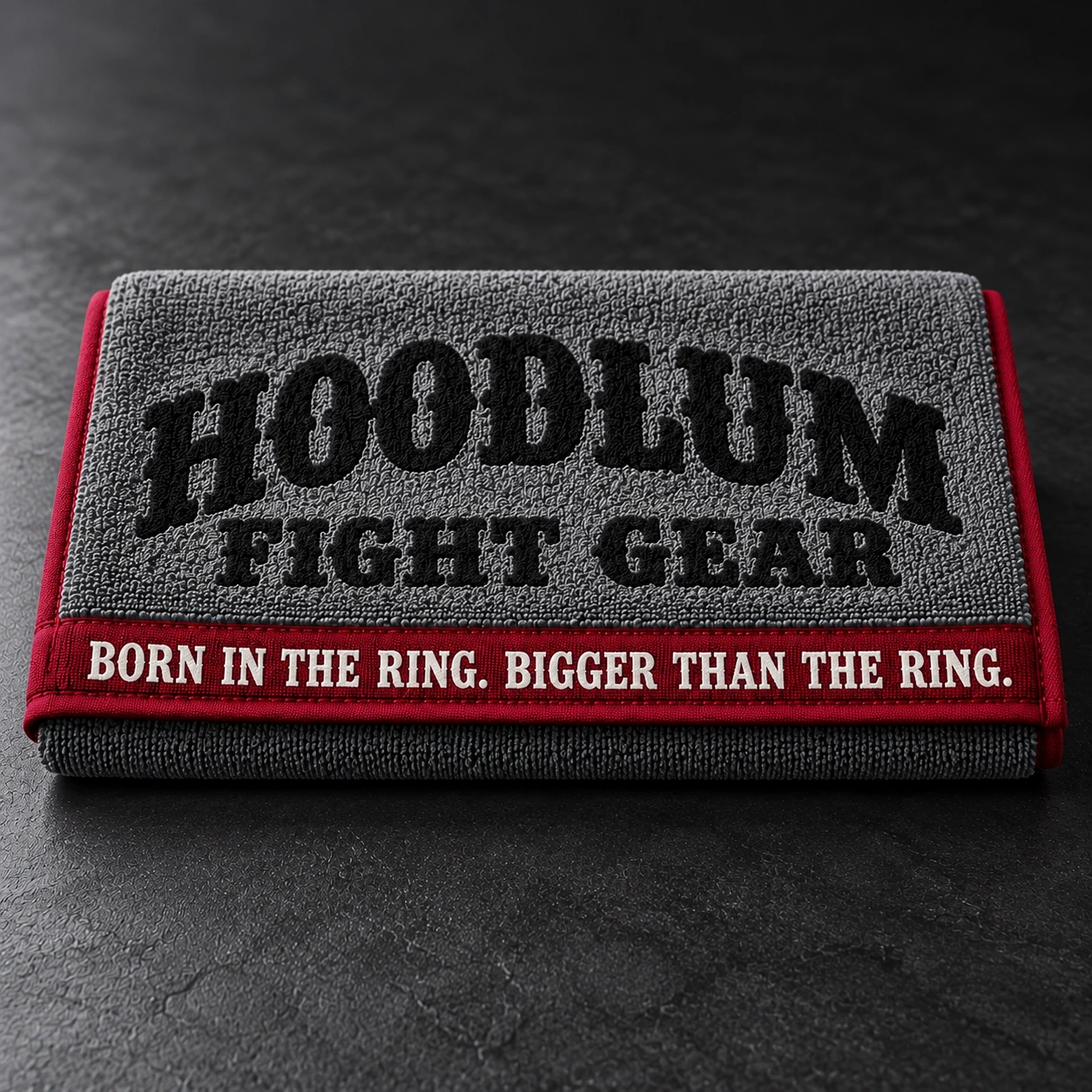 Training Towel — Ash / Burgundy — Branding detail (AI demo concept)