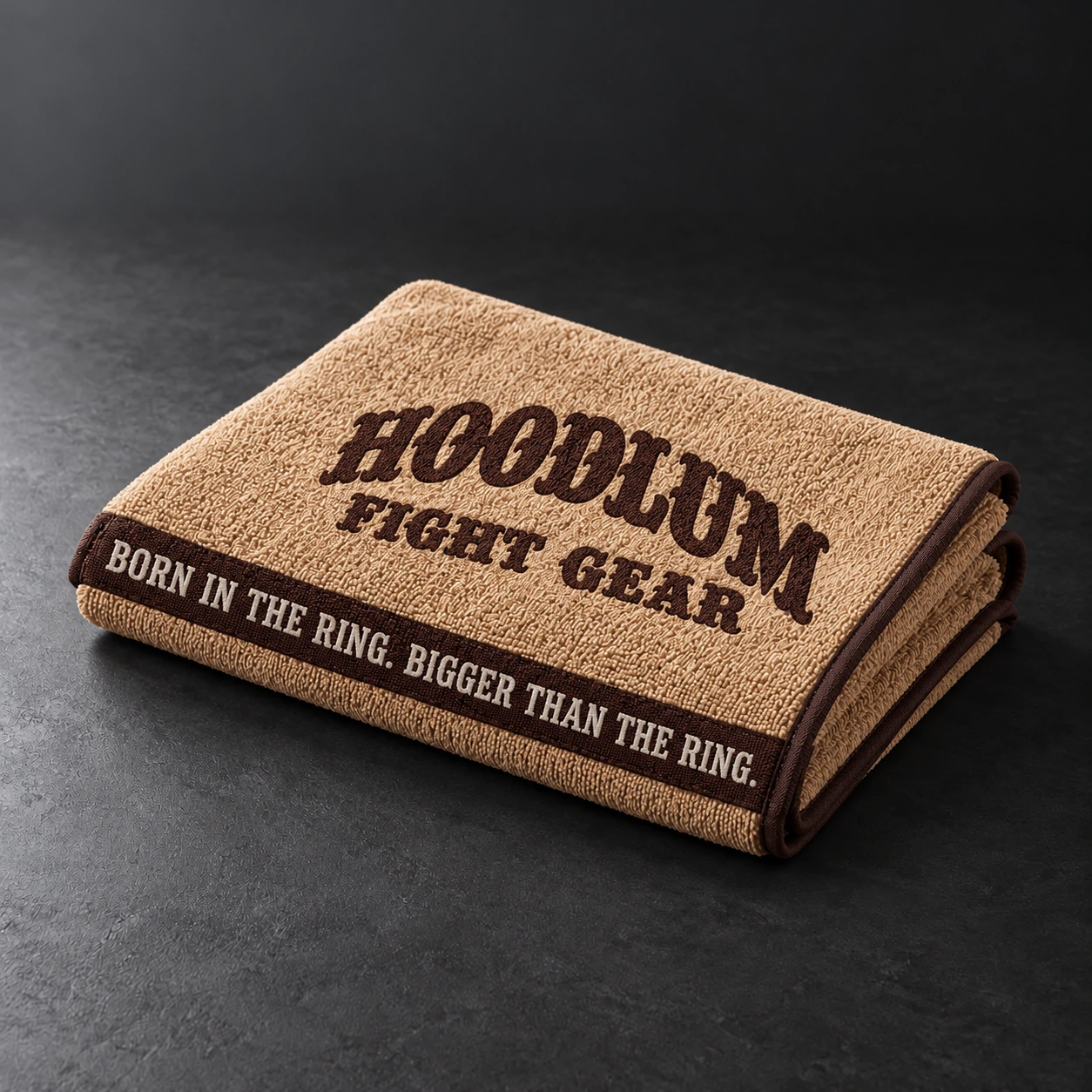 Training Towel — Camel / Espresso — Three-quarter view (AI demo concept)