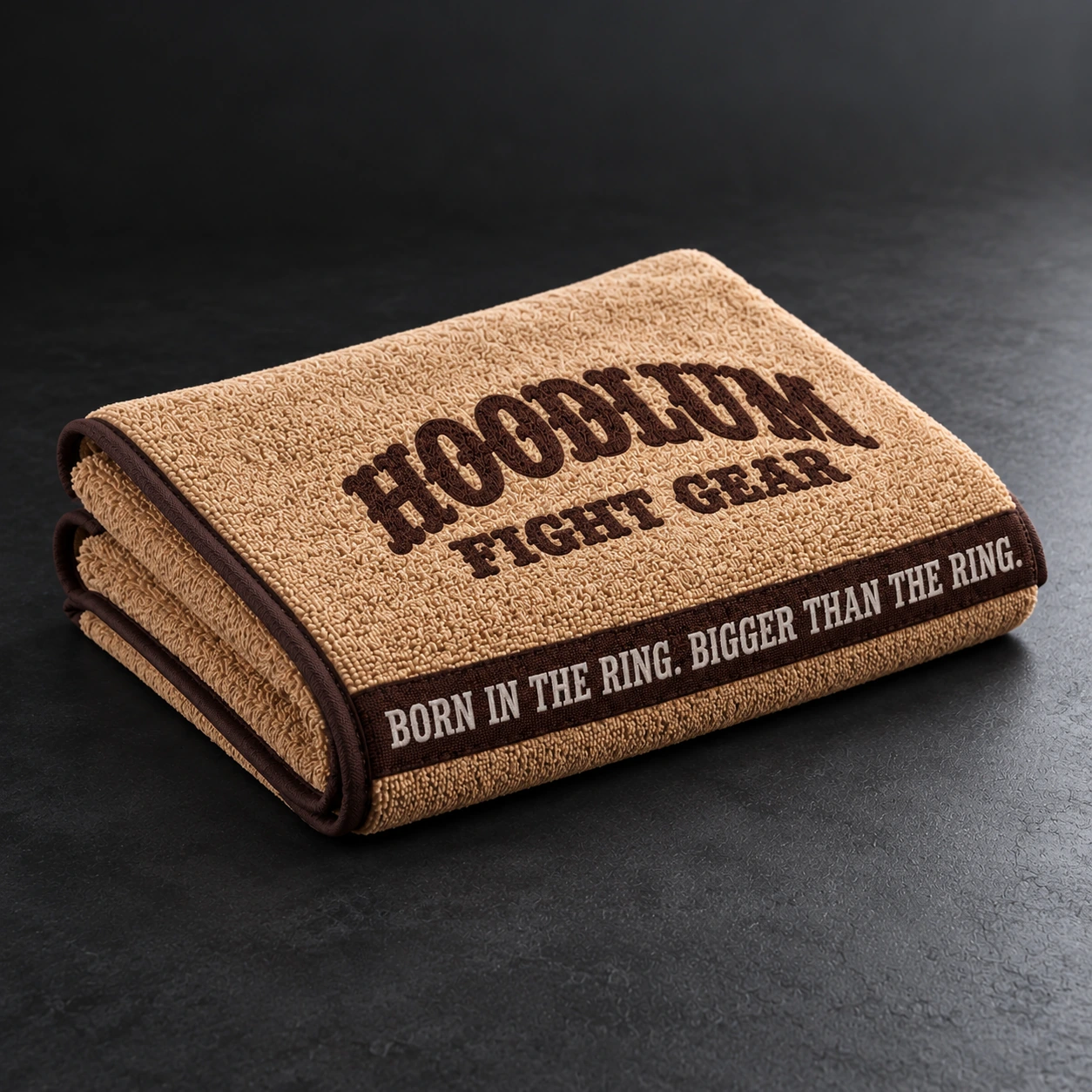 Training Towel — Camel / Espresso — Opposite-side view (AI demo concept)