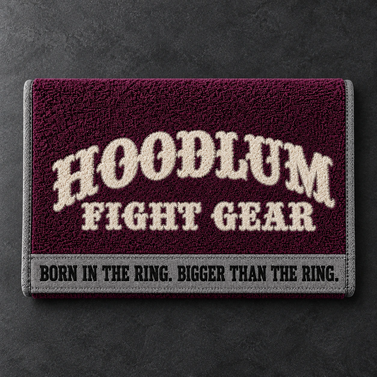 Training Towel — Plum / Pewter — Top view (AI demo concept)