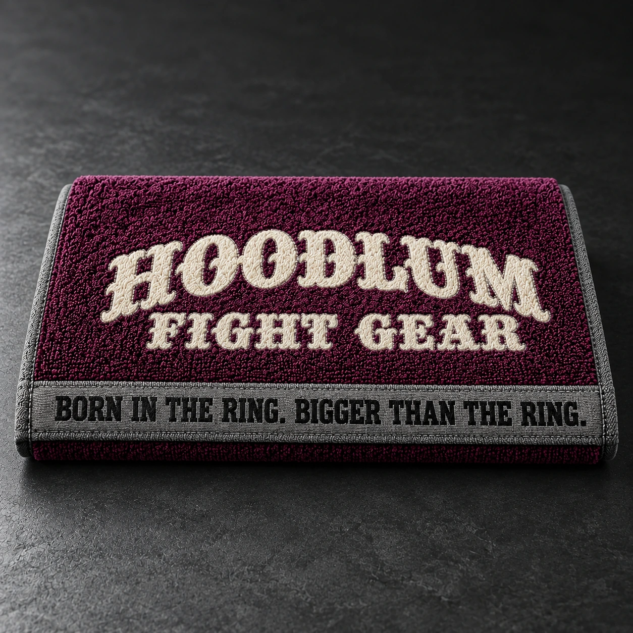 Training Towel — Plum / Pewter — Branding detail (AI demo concept)