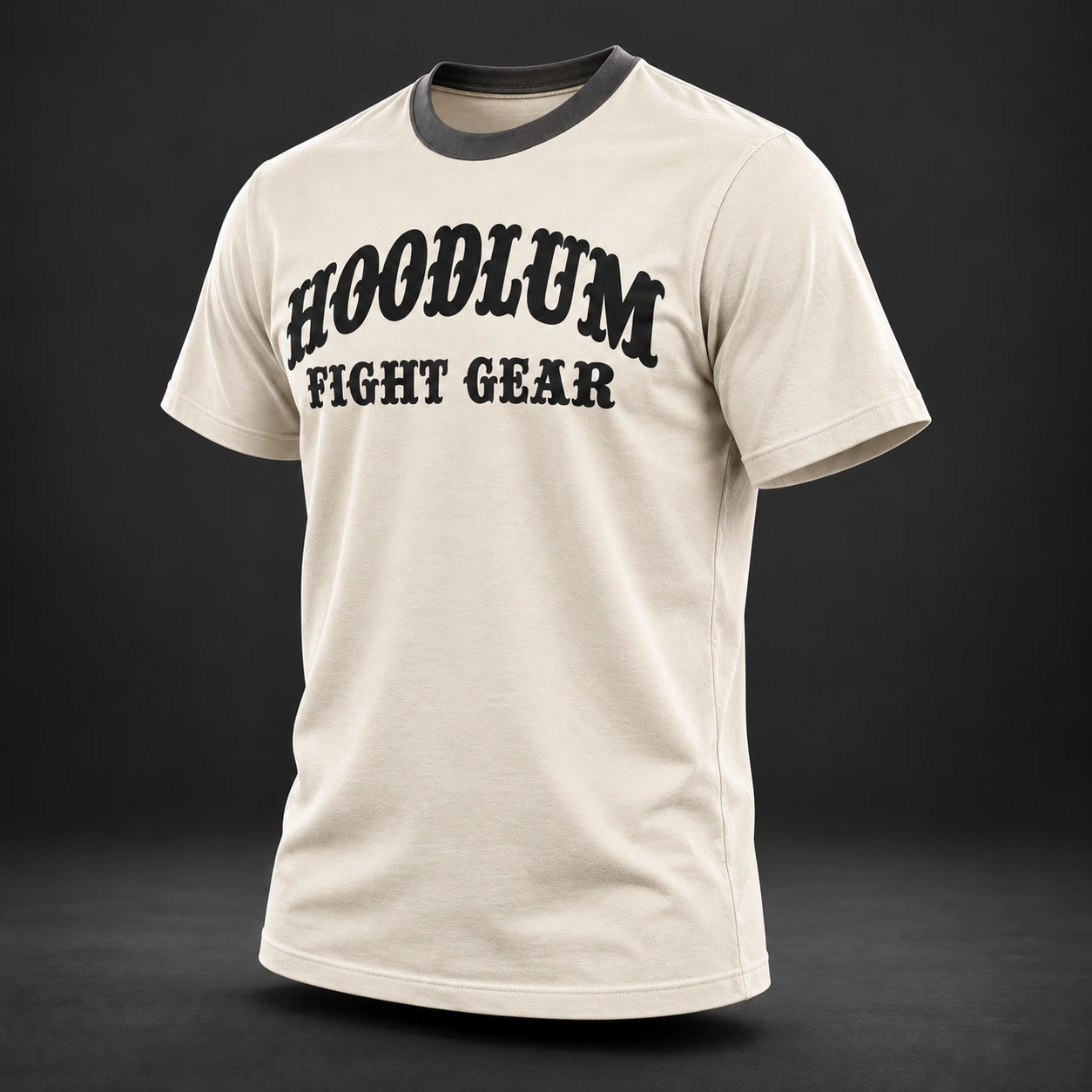Unseen Fighter Tee — Bone / Graphite — Three-quarter view (AI demo concept)