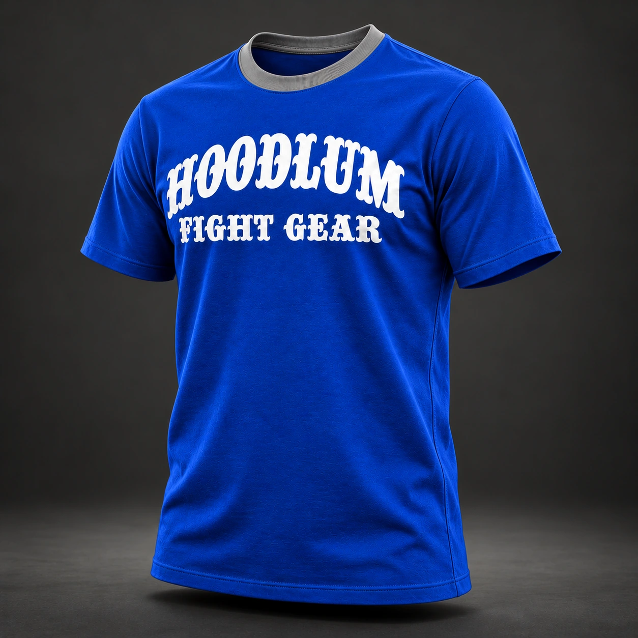 Unseen Fighter Tee — Cobalt / Steel — Three-quarter view (AI demo concept)