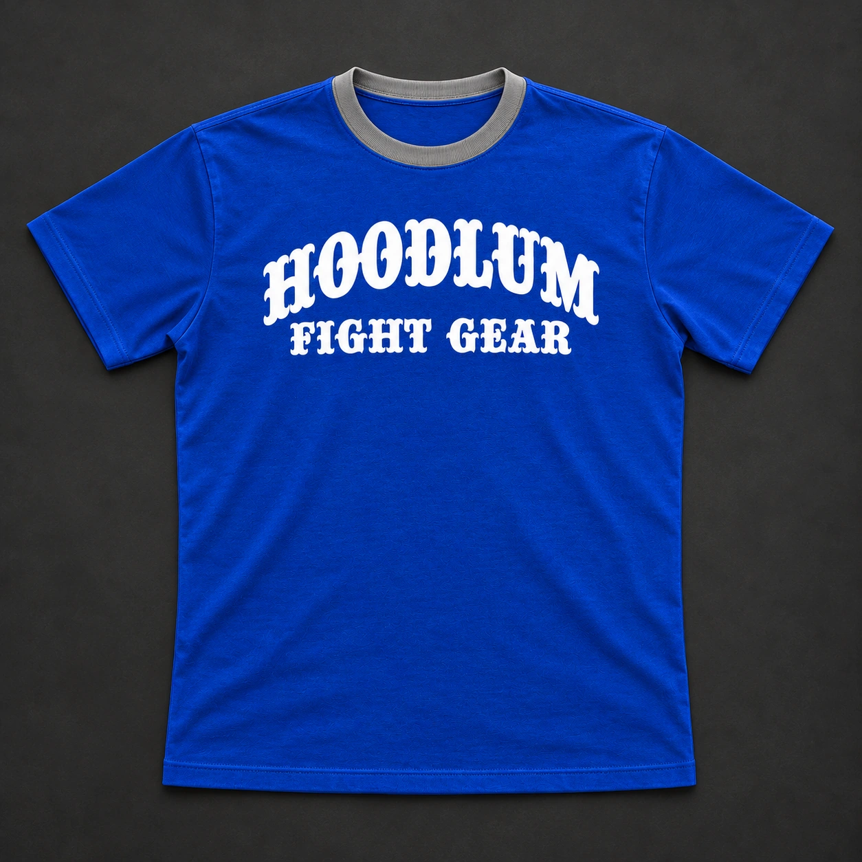 Unseen Fighter Tee — Cobalt / Steel — Flat-lay view (AI demo concept)