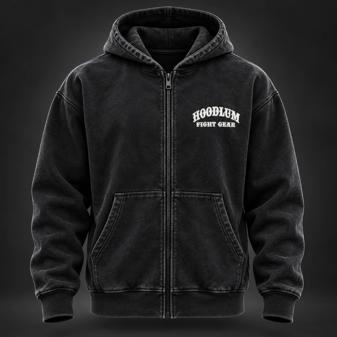 Unseen Fighter Zip Hoodie — Front view (AI demo concept)