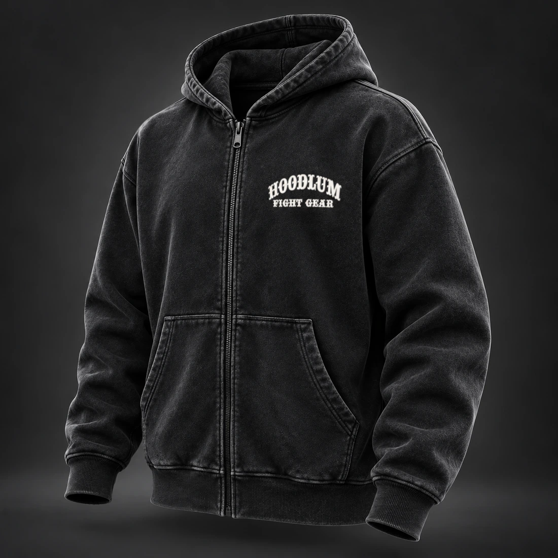 Unseen Fighter Zip Hoodie — Three-quarter view (AI demo concept)