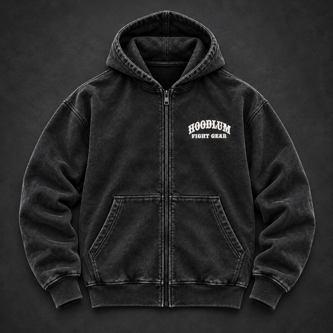 Unseen Fighter Zip Hoodie — Flat-lay view (AI demo concept)