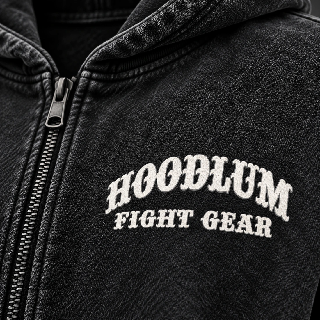 Unseen Fighter Zip Hoodie — Branding detail (AI demo concept)