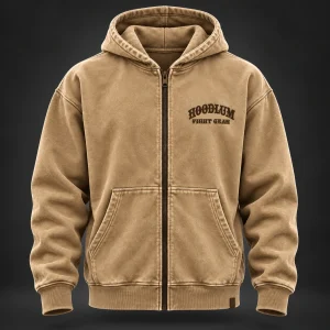Unseen Fighter Zip Hoodie — Camel / Espresso — Front view (AI demo concept)