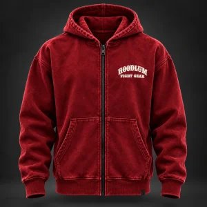 Unseen Fighter Zip Hoodie — Crimson / Onyx — Front view (AI demo concept)
