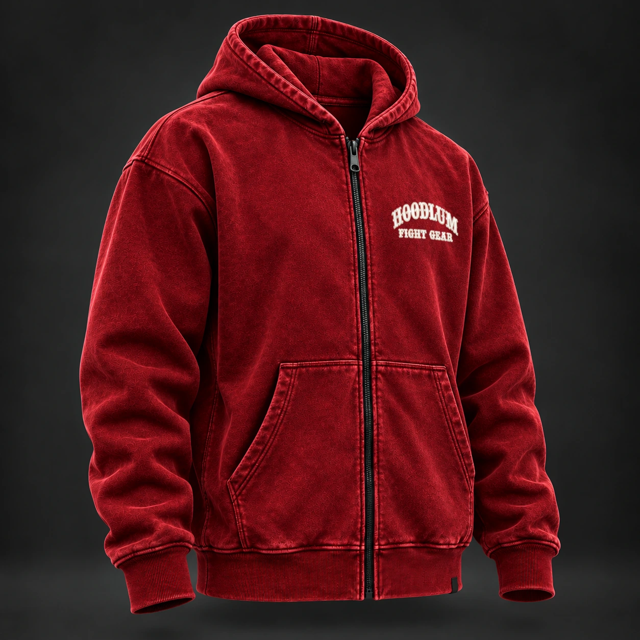 Unseen Fighter Zip Hoodie — Crimson / Onyx — Three-quarter view (AI demo concept)