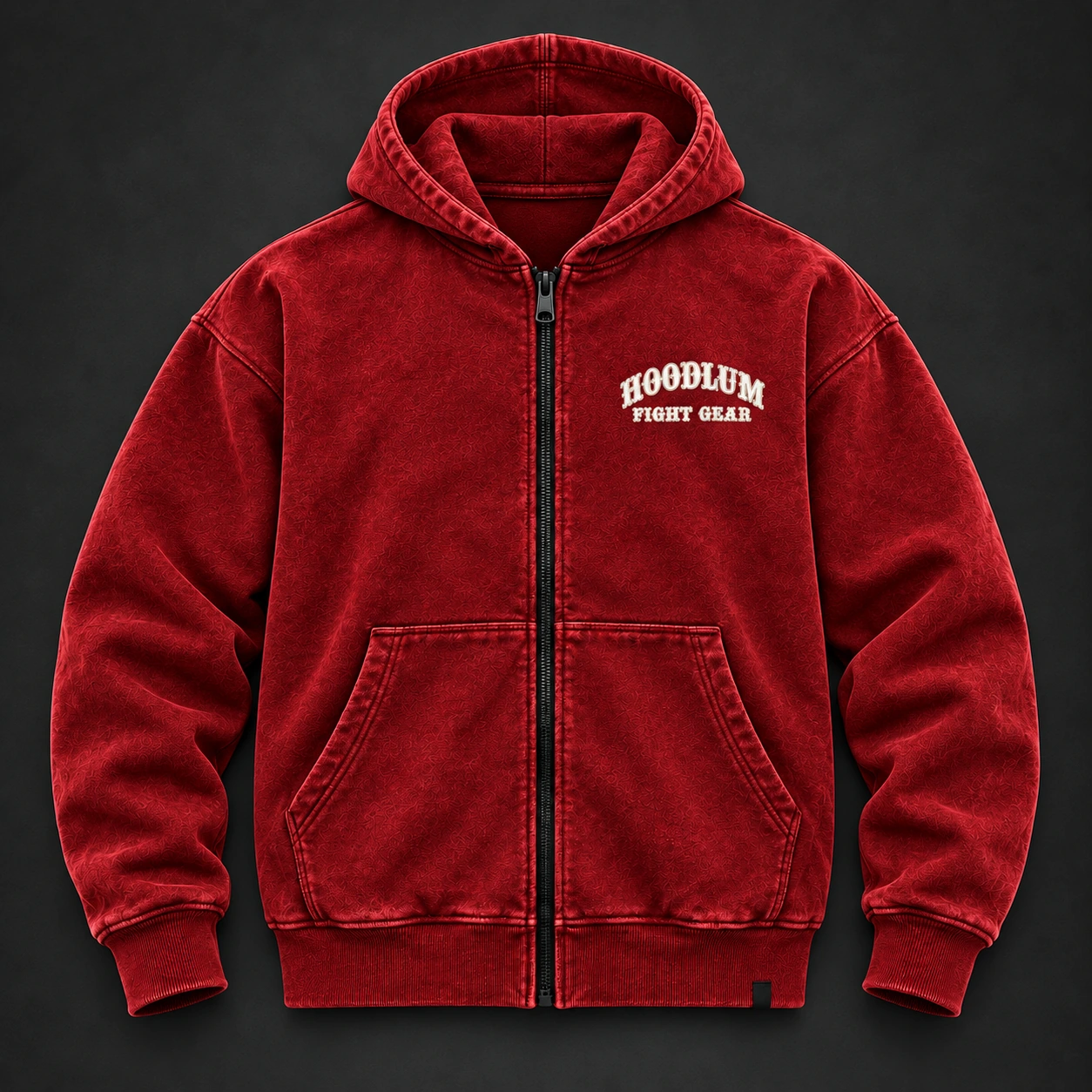 Unseen Fighter Zip Hoodie — Crimson / Onyx — Flat-lay view (AI demo concept)