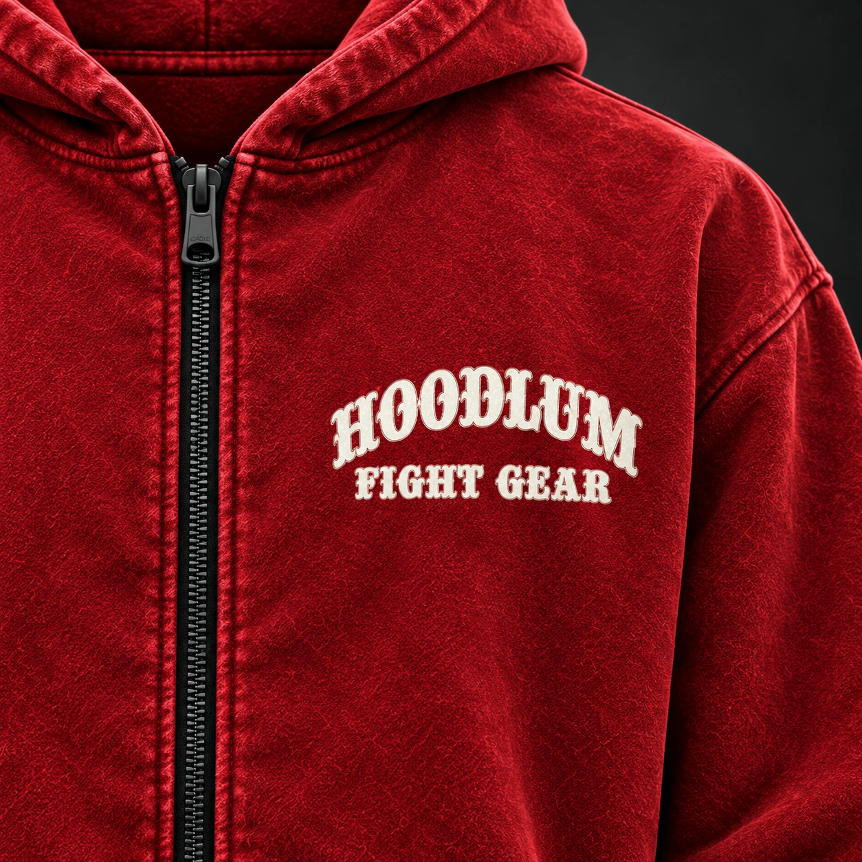 Unseen Fighter Zip Hoodie — Crimson / Onyx — Branding detail (AI demo concept)