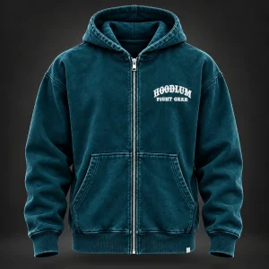 Unseen Fighter Zip Hoodie — Petrol / Chalk — Front view (AI demo concept)