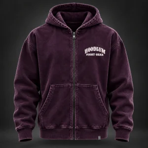 Unseen Fighter Zip Hoodie — Plum / Pewter — Front view (AI demo concept)
