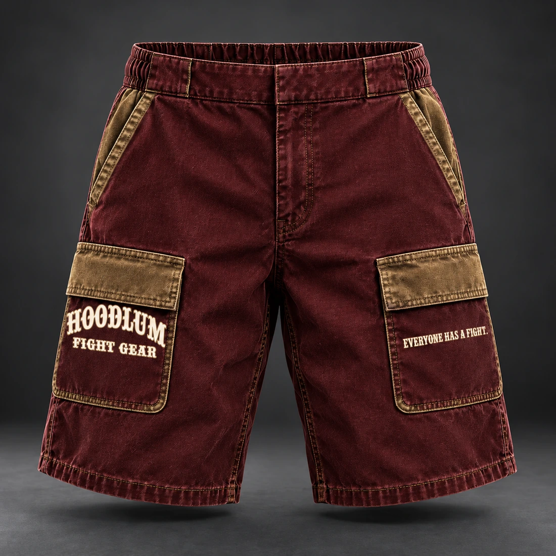 Unseen Work Utility Shorts — Oxblood / Brass — Front view (AI demo concept)