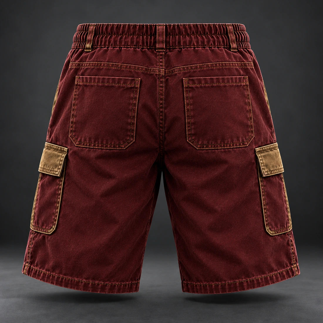 Unseen Work Utility Shorts — Oxblood / Brass — Back view (AI demo concept)