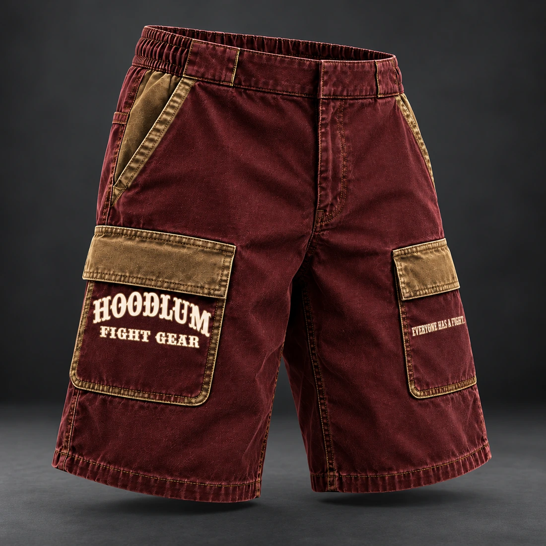 Unseen Work Utility Shorts — Oxblood / Brass — Three-quarter view (AI demo concept)