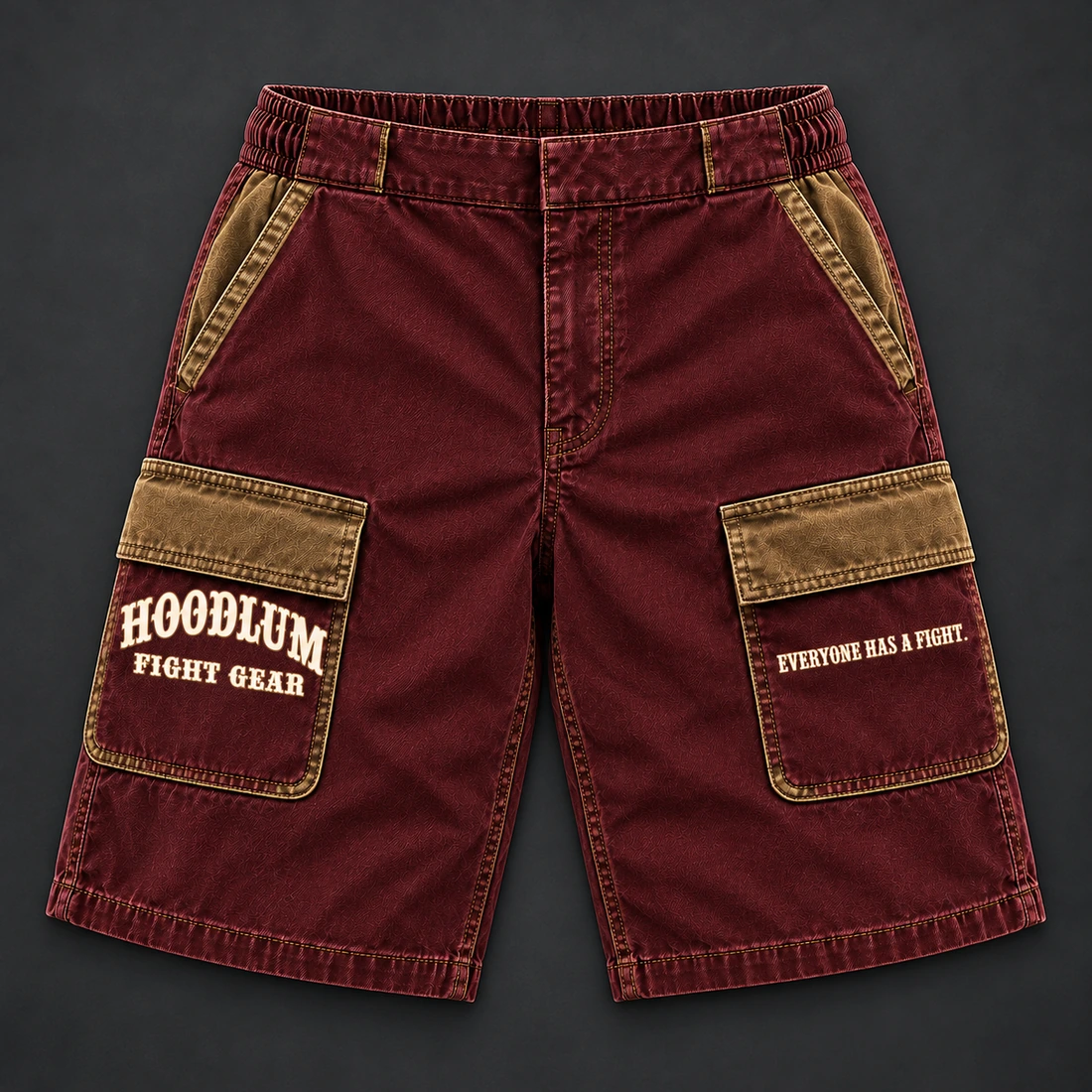 Unseen Work Utility Shorts — Oxblood / Brass — Flat-lay view (AI demo concept)